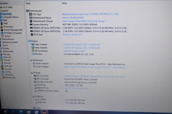 Ноутбук Б-класс Lenovo ThinkPad Edge E420 / 14" (1366x768) TN / Intel Core i5-2410M (2 (4) ядра по 2.3 - 2.9 GHz) / 4 GB DDR3 / 120 GB SSD NEW / Intel HD Graphics 3000 / WebCam / DVD-ROM / АКБ NEW / Windows 10 Pro