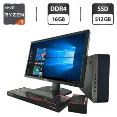 Комплект ПК: компьютер HP EliteDesk 705 G4 SFF / AMD Ryzen 5 Pro 2400G (4 (8) ядра по 3.6 - 3.9 GHz) / 16 GB DDR4 / 512 GB SSD / AMD Radeon RX Vega 11 Graphics + Монитор 24" (1920x1080) TN / Разные бренды