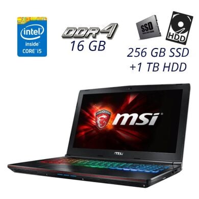 Ігровий ноутбук MSI GE62 6QF-254US / 15.6" (1920x1080) IPS LED / Intel Core i5-6300HQ (4 ядра по 2.3 - 3.2 GHz) / 16 GB DDR4 / 256 GB SSD+1 TB HDD / nVidia GeForce GTX 970M, 3 GB GDDR5, 256-bit / WebCam / DVD-RW / USB 3.0 / HDMI