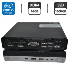 Неттоп HP ProDesk 600 G3 Mini PC USFF / Intel Core i3-7100T (2 (4) ядра по 3.4 GHz) / 16 GB DDR4 / 1000 GB SSD / Intel HD Graphics 630 / Windows 11 Pro / Блок питания