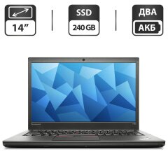 Ноутбук Б-клас Lenovo ThinkPad T450s / 14" (1600x900) TN / Intel Core i5-5300U (2 (4) ядра по 2.3 - 2.9 GHz) / 12 GB DDR3 / 240 GB SSD / Intel HD Graphics 5500 / WebCam / Два АКБ