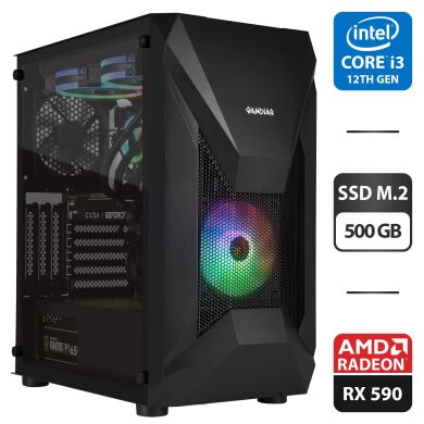 Збірка під замовлення: новий ігровий ПК Gamdias Athena E1 Elite Black Tower / Intel Core i3-12100F (4 (8) ядра по 3.3 - 4.3 GHz) / 16 GB DDR4 / 500 GB SSD M.2 / AMD Radeon RX 590, 8 GB GDDR5, 256-bit / HDMI / 700W