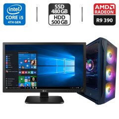 Комплект ПК: 1stPlayer Fire Base X5 Tower / Intel Core i5-4590 (4 (8) ядра по 3.3 - 3.7 GHz) / 32 GB DDR3 / 480 GB SSD + 500 GB HDD / AMD Radeon R9 390, 8 GB GDDR5, 512-bit / 750W + Монитор LG 24MB37PM-B / 24" (1920x1080) IPS / VGA + Кабели подключения