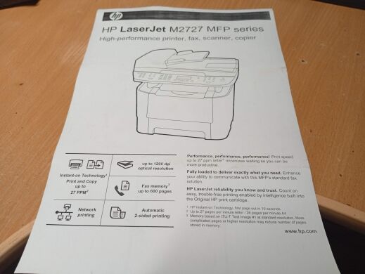 МФУ Б-класс HP LaserJet M2727nf / Лазерная монохромная печать / 1200x1200 dpi / A4 / 26 стр/мин / USB 2.0, Ethernet / Дуплекс