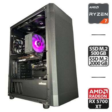 Збірка під замовлення: ігровий ПК Zalman i4 Black Tower / AMD Ryzen 7 5700X (8 (16) ядер по 3.4 - 4.6 GHz) / 16 GB DDR4 / 500 GB SSD M.2 + 2000 GB SSD M.2 / AMD Radeon RX 5700 XT, 8 GB GDDR6, 256-bit / 650W