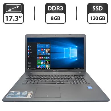 Ноутбук Asus R752N / 17.3" (1600x900) TN / Intel Celeron N3350 (2 ядра по 1.1 - 2.4 GHz) / 8 GB DDR3 / 120 GB SSD / Intel HD Graphics 500 / WebCam / DVD-ROM