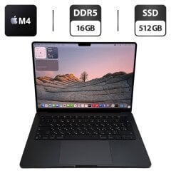 Ультрабук Б-клас Apple MacBook Pro 14 2024 Space Black / 14.2" (3024x1964) IPS / Apple M4 (10 ядер по 2.85 - 4.5 GHz) / 16 GB DDR5 / 512 GB SSD / Apple M4 Graphics / WebCam / MDM / MacOS