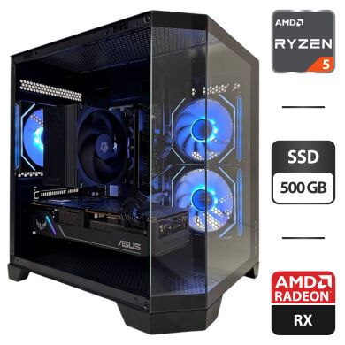Ігровий ПК Qube Crystal ARGB Black Tower / AMD Ryzen 5 5500 (6 (12) ядер по 3.6 - 4.2 GHz) / 16 GB DDR4 / 500 GB SSD / AMD Radeon RX 5700 XT, 8 GB GDDR6, 256-bit