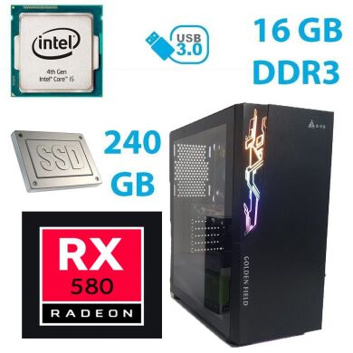 Golden Field Phantom Tower New / Intel Core i5-4590 (4 ядра по 3.3 - 3.7 GHz) / 16 GB DDR3 (2x8GB) / 240 GB SSD new+500 GB HDD / AMD Radeon RX 580 4GB / 650W GameMax + Мышь Marvo M309 с игровой поверхностью