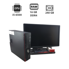 Комплект ПК: Fujitsu Esprimo D757 SFF / Intel Core i5-6500 (4 ядра по 3.2 - 3.6 GHz) / 16 GB DDR4 / 240 GB SSD / Intel HD Graphics 530 + Монитор 22" (1680x1050) TN / DVI, DP / Разные бренды + Клавиатура и мышь