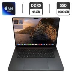 Ультрабук Б-клас Apple MacBook Pro 16 2024 Space Grey / 16.2" (3456x2234) IPS / Apple M4 Pro (14 ядер по 2.6 - 4.5 GHz) / 48 GB DDR5 / 1000 GB SSD / Apple M4 Pro Graphics / WebCam / MDM / MacOS