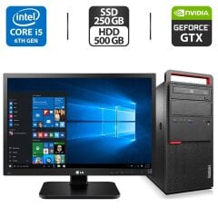 Комплект ПК: Lenovo ThinkCentre M800 Tower / Intel Core i5-6400 (4 ядра по 2.7 - 3.3 GHz) / 16 GB DDR4 / 250 GB SSD + 500 GB HDD / nVidia GeForce GTX 1050 Ti, 4 GB GDDR3, 128-bit + Монітор LG 24MB35PM-B / 24" (1920x1080) IPS