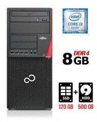 Компьютер Fujitsu Esprimo P756 E90+ Tower / Intel Core i3-6100 (2 (4) ядра по 3.7 GHz) / 8 GB DDR4 / 120 GB SSD + 500 GB HDD / Intel HD Graphics 530 / 280W / DVD-ROM / DisplayPort