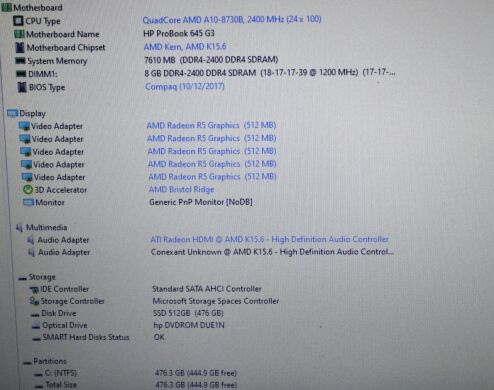 Ноутбук Б-клас HP ProBook 645 G3 / 14" (1366x768) TN / AMD A10-8730B (4 ядра по 2.4 - 3.3 GHz) / 8 GB DDR4 / 512 GB SSD NEW / AMD Radeon R5 Graphics / WebCam / VGA / АКБ NEW / Windows 10 Pro / BIOS PASSWORD BOOT