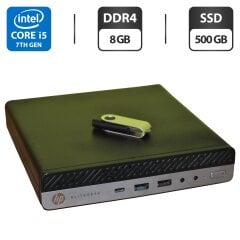 Неттоп HP EliteDesk 800 G3 Desktop Mini USFF / Intel Core i5-7500T (4 ядра по 2.7 - 3.3 GHz) / 8 GB DDR4 / 500 GB SSD / Intel UHD Graphics 630 / Windows 11 Pro / Блок питания