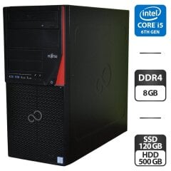 Компьютер Fujitsu Esprimo P956 E94 Tower / Intel Core i5-6500 (4 ядра по 3.2 - 3.6 GHz) / 8 GB DDR4 / 120 GB SSD + 500 GB HDD / Intel HD Graphics 530 / DVD-ROM / Windows 11 Pro