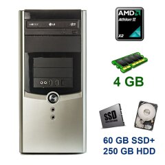 Tower / AMD Athlon II X2 220 (2 ядра по 2.8 GHz) / 4 GB DDR3 / 60 GB SSD+250 GB HDD
