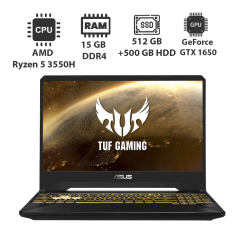Игровой ноутбук Asus TUF FX505DT / 15.6" (1920x1080) IPS / AMD Ryzen 5 3550H (4 (8) ядра по 2.1 - 3.7 GHz) / 16 GB DDR4 / 512 GB SSD + 500 GB HDD / nVidia GeForce GTX 1650, 4 GB GDDR5, 128-bit / WebCam