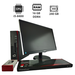 Комплект ПК: Fujitsu Esprimo D538 SFF / Intel Core i5-8400 (6 ядер по 2.8 - 4.0 GHz) / 16 GB DDR4 / 240 GB SSD / Intel UHD Graphics 630 + Монитор 24" (1920x1080) TN / DVI, DP / Разные бренды + Клавиатура и мышь