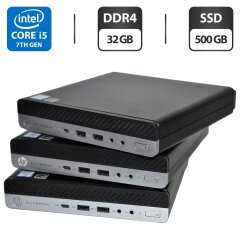 Неттоп HP EliteDesk 800 G3 Desktop Mini USFF / Intel Core i5-7500T (4 ядра по 2.7 - 3.3 GHz) / 32 GB DDR4 / 500 GB SSD / Intel UHD Graphics 630 / DisplayPort / USB Wi-Fi / Windows 11 Pro / Блок питания