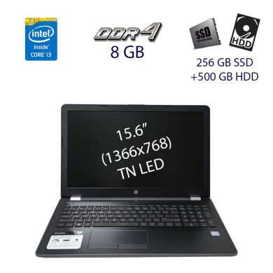 Ноутбук HP Laptop 15-bs0xx / 15.6" (1366x768) TN LED / Intel Core i3-7100U (2 (4) ядра по 2.4 GHz) / 8 GB DDR4 / 256 GB SSD+500 GB HDD / WebCam / DVD-RW
