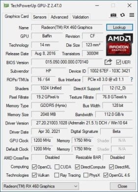 Дискретная видеокарта AMD Radeon RX 460, 2 GB GDDR5, 128-bit / DisplayPort, DVI, HDMI 