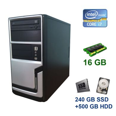 Hyundai Silver Tower / Intel Core i7-3770 (4 (8) ядра по 3.4 - 3.9 GHz) / 16 GB DDR3 / 240 GB SSD+500 GB HDD / nVidia GeForce GTX 1060, 3 GB GDDR5, 192-bit / DVD-ROM