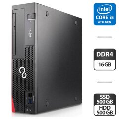 Компьютер Fujitsu Esprimo D757 E90 SFF / Intel Core i5-6500 (4 ядра по 3.2 - 3.6 GHz) / 16 GB DDR4 / 500 GB SSD + 500 GB HDD / Intel HD Graphics 530 / DVD-ROM / Windows 11 Pro + Кабель с DisplayPort на VGA