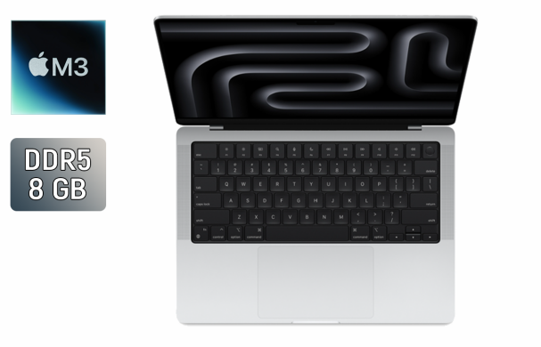 Ультрабук Apple MacBook Pro 14 (2023) / 14.2" (3024x1964) IPS / Apple M3 (8 ядер по 2.75 - 4.05 GHz) / 8 GB DDR5 / 512 GB SSD / Apple M3 Graphics / WebCam / True Tone / ProMotion / Silver Ультрабук Apple MacBook Pro 14 (2023) / 14.2" (3024x1964) IPS / Apple M3 (8 ядер по 2.75 - 4.05 GHz) / 8 GB DDR5 / 512 GB SSD / Apple M3 Graphics / WebCam / True Tone / ProMotion / Silver