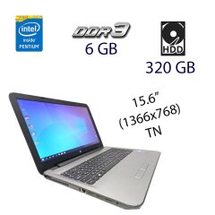 Ноутбук HP HQ Tre 71052 / 15.6" (1366x768) TN / Intel Pentium N3710 (4 ядра по 1.6 - 2.56 GHz) / 6 GB DDR3 / 320 GB HDD / WebCam / HDMI / АКБ держит 0 минут