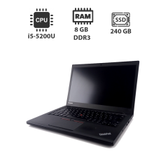 Ноутбук Lenovo ThinkPad T450s / 14" (1600x900) TN / Intel Core i5-5200U (2 (4) ядра по 2.2 - 2.7 GHz) / 8 GB DDR3 / 240 GB SSD / Intel HD Graphics 5500 / WebCam