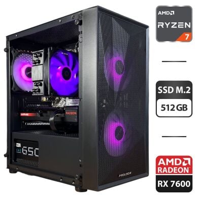 Сборка под заказ: игровой ПК ProLogix E102 Tempered Glass and Mesh Black Tower / AMD Ryzen 7 5700X (8 (16) ядер по 3.4 - 4.6 GHz) / 16 GB DDR4 / 512 GB SSD M.2 / AMD Radeon RX 7600, 8 GB GDDR6, 128-bit / 650W