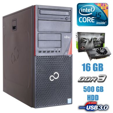Компьютер Fujitsu Esprimo P720 E90+ Tower / Intel Core i5-4430 (4 ядра по 3.0 - 3.2 GHz) / 16 GB DDR3 / 120 GB SSD + 500 GB HDD / nVidia GeForce GTX 1060, 6 GB GDDR5, 192-bit / DVD-ROM