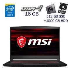 Игровой ноутбук MSI GF63 Thin 95C MS-16R3 / 15.6" (1920x1080) IPS / Intel Core i5-9300H (4 (8) ядра по 2.4 - 4.1 GHz) / 16 GB DDR4 / 512 GB SSD+1000 GB HDD / nVidia GeForce GTX 1650, 4 GB GDDR5, 128-bit / WebCam