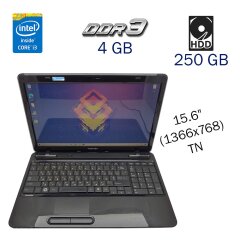 Ноутбук Toshiba Satellite L650 / 15.6" (1366x768) TN / Intel Core i3-380M (2 (4) ядра по 2.53 GHz) / 4 GB DDR3 / 250 GB HDD / WebCam / DVD-ROM