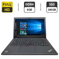 Ультрабук Lenovo ThinkPad A485 / 14" (1920x1080) IPS / AMD Ryzen 5 Pro 2500U (4 (8) ядра по 2.0 - 3.6 GHz) / 8 GB DDR4 / 240 GB SSD / AMD Radeon RX Vega 8 Graphics / WebCam