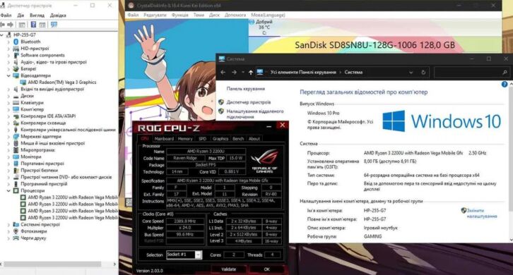 Ультрабук HP 255 G7 / 15.6" (1366x768) TN / AMD Ryzen 3 2200U (2 (4) ядра по 2.5 - 3.4 GHz) / 8 GB DDR4 / 128 GB SSD / AMD Radeon Vega 3 / WebCam / DVD-ROM / Win 10 Pro