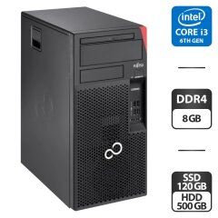 Компьютер Fujitsu Esprimo P557 E85 Tower / Intel Core i3-6100 (2 (4) ядра по 3.7 GHz) / 8 GB DDR4 / 120 GB SSD + 320 GB HDD / Intel HD Graphics 530 / 280W / DVD-ROM / DVI