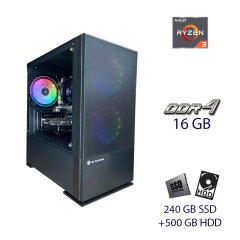 Игровой ПК PC 2E Gaming Calleo RGB Tower / AMD Ryzen 3 PRO 2200GE (2 (4) ядра по 3.2 GHz) / 16 GB DDR4 / 240 GB SSD+500 GB HDD / AMD Radeon RX 550, 2 GB GDDR5, 128-bit / 620W