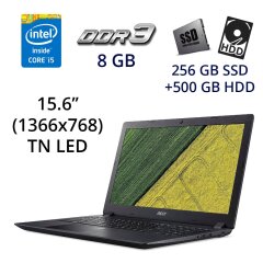Ноутбук Acer Aspire 3 A315-51 / 15.6" (1366x768) TN LED / Intel Core i5-7200U (2 (4) ядра по 2.5 - 3.1 GHz) / 8 GB DDR3 / 256 GB SSD+500 GB HDD / WebCam / USB 3.0 / HDMA