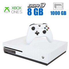 Игровая консоль Microsoft Xbox One S Model 1681 / AMD Jaguar x86-64 (8 ядер по 1.75 GHz) / 8 GB DDR3 / 1000 GB HDD / AMD Radeon GPU, 8 GB GDDR3, 256-bit / Blu-Ray / WiFi + джойстик