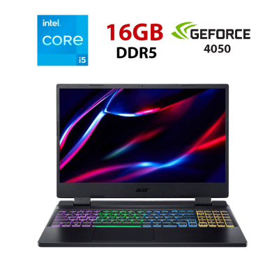 Ігровий ноутбук Acer Nitro 5 AN515-58-57NQ / 15.6" (1920x1080) IPS / Intel Core i5-12450H (8 (12) ядер по 3.3 - 4.4 GHz) / 16 GB DDR5 / 240 GB SSD / nVidia GeForce RTX 4050, 6 GB GDDR6, 96-bit / WebCam Ігровий ноутбук Acer Nitro 5 AN515-58-57NQ / 15.6" (1920x1080) IPS / Intel Core i5-12450H (8 (12) ядер по 3.3 - 4.4 GHz) / 16 GB DDR5 / 240 GB SSD / nVidia GeForce RTX 4050, 6 GB GDDR6, 96-bit / WebCam