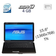 Ноутбук Asus K50 / 15.6" (1366х768) TN / Intel Core 2 Duo T6500 (2 ядра по 2.1 GHz) / 4 GB DDR3 / 60 GB SSD + 320 GB HDD / nVidia GeForce GT 320M, 1 GB DDR3, 128-bit / WebCam / АКБ не держит