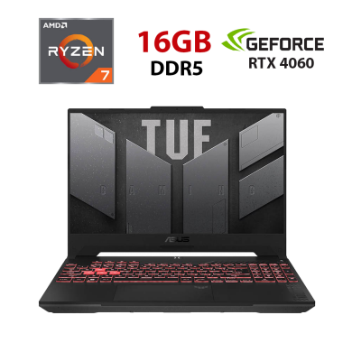 Ігровий ноутбук Asus TUF Gaming 15 FA507NV-LP109W / 15.6" (1920x1080) IPS / AMD Ryzen 5 7535HS (6 (12) ядер по 3.3 - 4.55 GHz) / 16 GB DDR5 / 240 GB SSD / nVidia GeForce RTX 4060, 8 GB GDDR6, 128-bit / WebCam