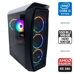 Игровой ПК AeroCool Aero One Frost Tower / Intel Core i5-8500 (6 ядер по 3.0 - 4.1 GHz) / 24 GB DDR4 / 500 GB SSD M.2 + 500 GB HDD / AMD Radeon RX 580, 8 GB GDDR6, 256-bit / 650W + Кабели DVI и питания