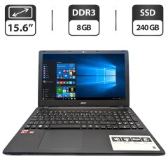Ноутбук Acer Aspire E5-521 / 15.6" (1366x768) TN / AMD A6-6310 (4 ядра по 1.8 - 2.4 GHz) / 8 GB DDR3 / 240 GB SSD / AMD Radeon R4 Graphics / WebCam