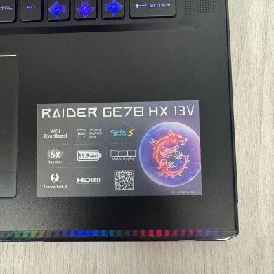 Ігровий ноутбук Б-клас MSI Raider GE78HX 13VH / 17.3" (2560x1440) IPS / Intel Core i9-13950HX (24 (32) ядер по 2.2 - 5.5 GHz) / 32 GB DDR5 / 2000 GB SSD NVMe / nVidia GeForce RTX 4080, 12 GB GDDR6, 192-bit / WebCam