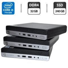 Неттоп HP EliteDesk 800 G3 Desktop Mini USFF / Intel Core i5-7500T (4 ядра по 2.7 - 3.3 GHz) / 32 GB DDR4 / 240 GB SSD / Intel UHD Graphics 630 / DisplayPort / USB Wi-Fi / Windows 11 Pro / Блок питания + Кабель с DisplayPort на VGA