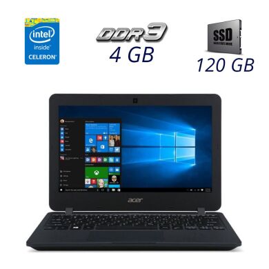 Ноутбук Acer Travelmate B117 / 11.6" (1366x768) TN LED / Intel Celeron N3160 (4 ядра по 1.6 - 2.24 GHz) / 4 GB DDR3 / 120 GB SSD / HDMI