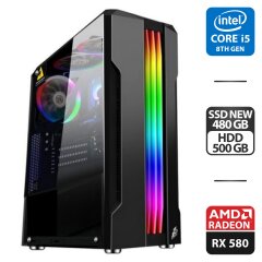 Игровой ПК 1stPlayer Rainbow R3-A Tower NEW / Intel Core i5-8500 (6 ядер по 3.0 - 4.1 GHz) / 16 GB DDR4 NEW / 480 GB SSD NEW + 500 GB HDD / AMD Radeon RX 580, 8 GB GDDR5, 256-bit / HDMI / 600W NEW + Кабели DVI и питания